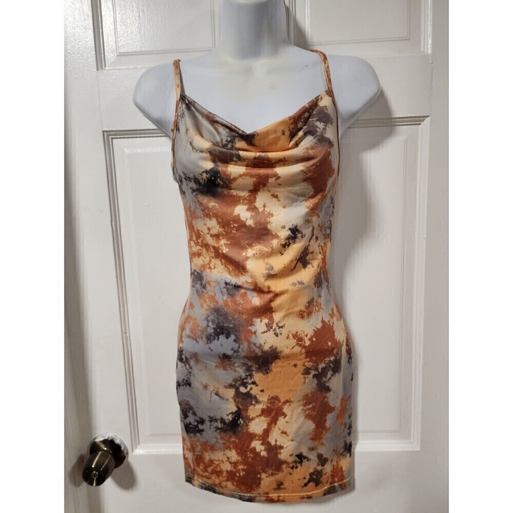 SHEIN Tie Dye Cami Dress XS Multicolor Cowl Neck Spaghetti Strap Bodycon Stretch